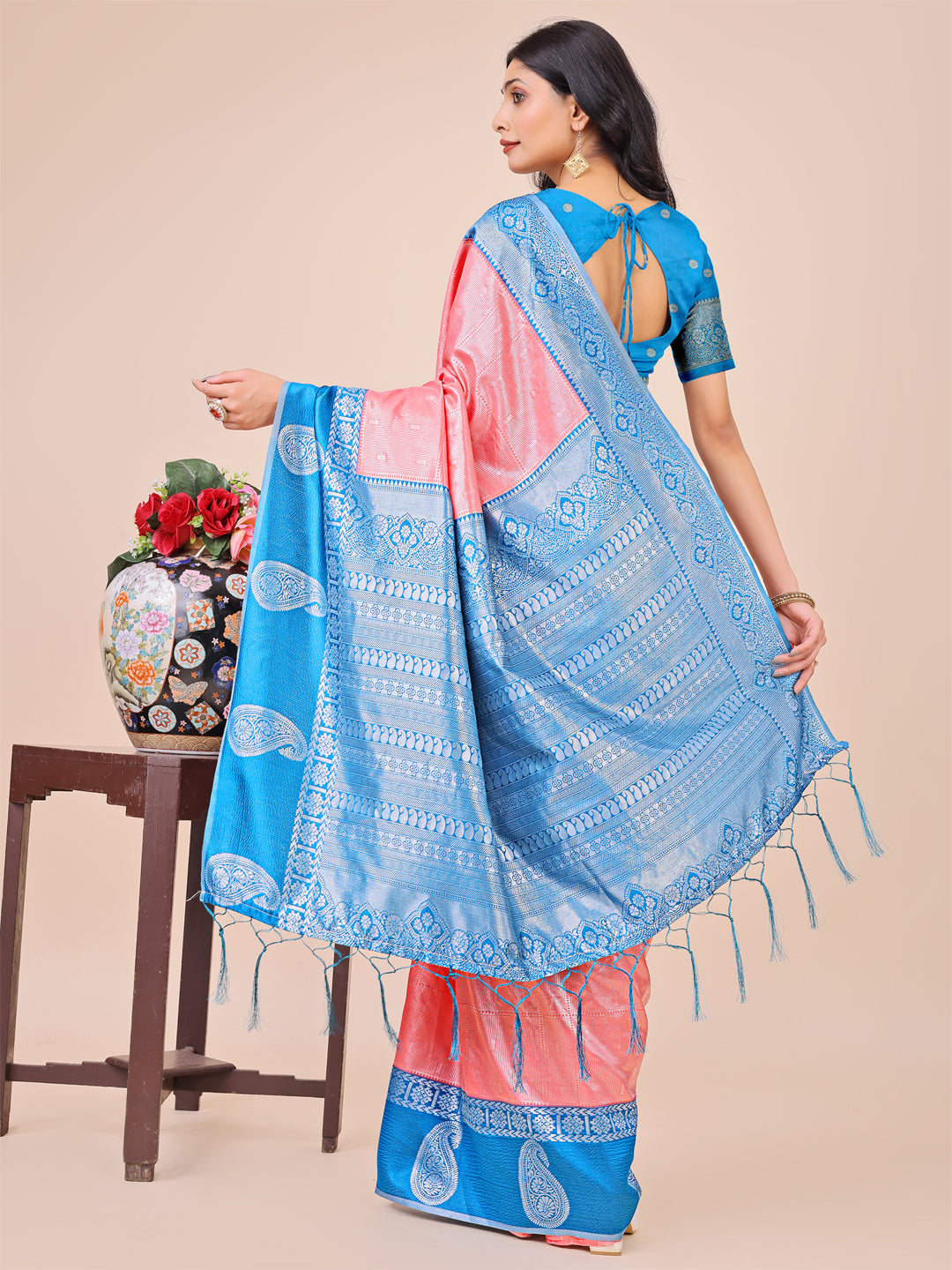 Shree Shyam Fashion Graceful Light & Dark Peach Silk Saree with Rich Woven Border & Paisley Pallu - Perfect for Festive & Wedding Wear