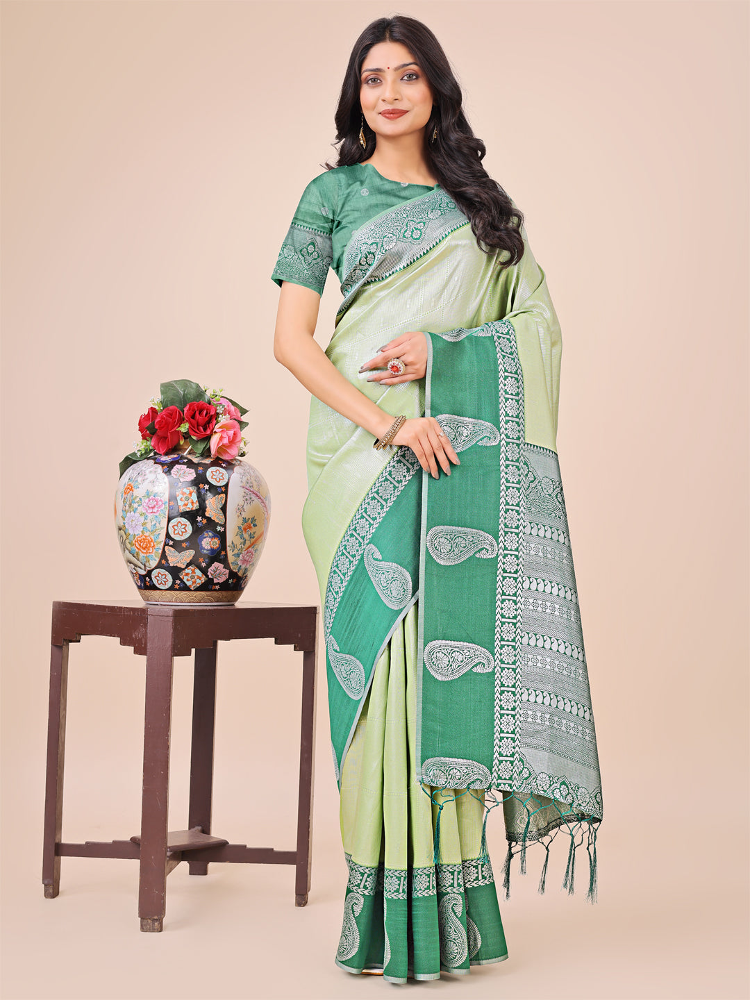 Shree Shyam Fashion Graceful Light & Dark Light Green Silk Saree with Rich Woven Border & Paisley Pallu - Perfect for Festive & Wedding Wear