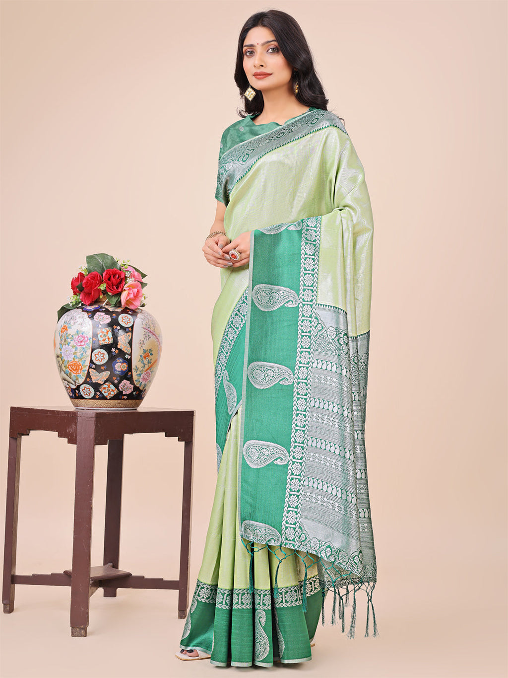 Shree Shyam Fashion Graceful Light & Dark Light Green Silk Saree with Rich Woven Border & Paisley Pallu - Perfect for Festive & Wedding Wear