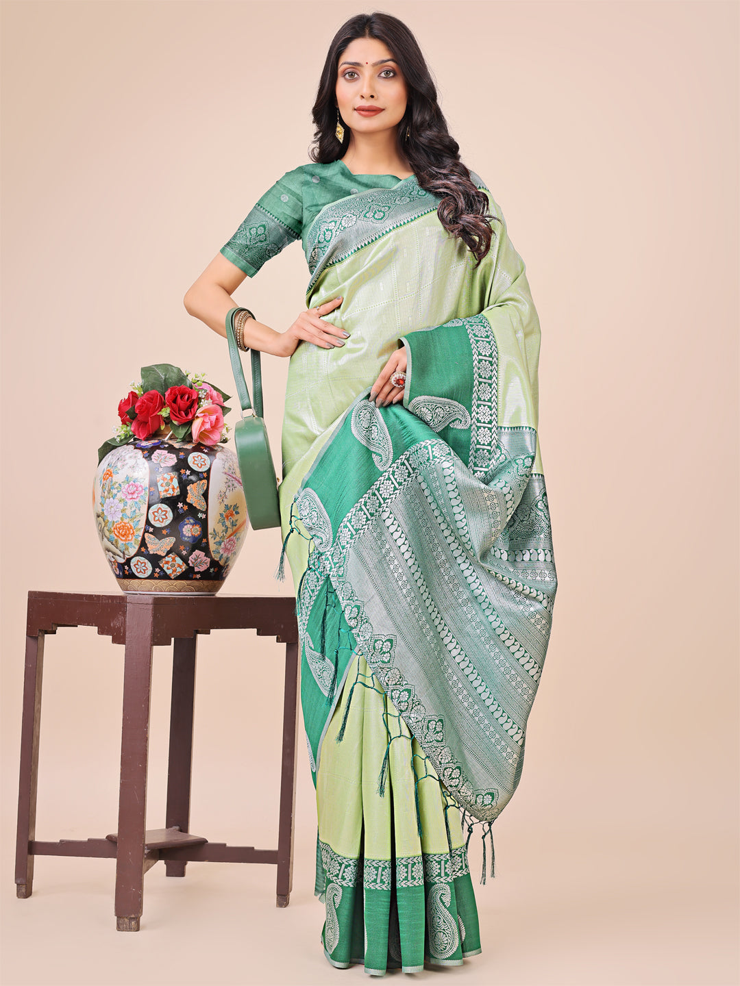 Shree Shyam Fashion Graceful Light & Dark Light Green Silk Saree with Rich Woven Border & Paisley Pallu - Perfect for Festive & Wedding Wear