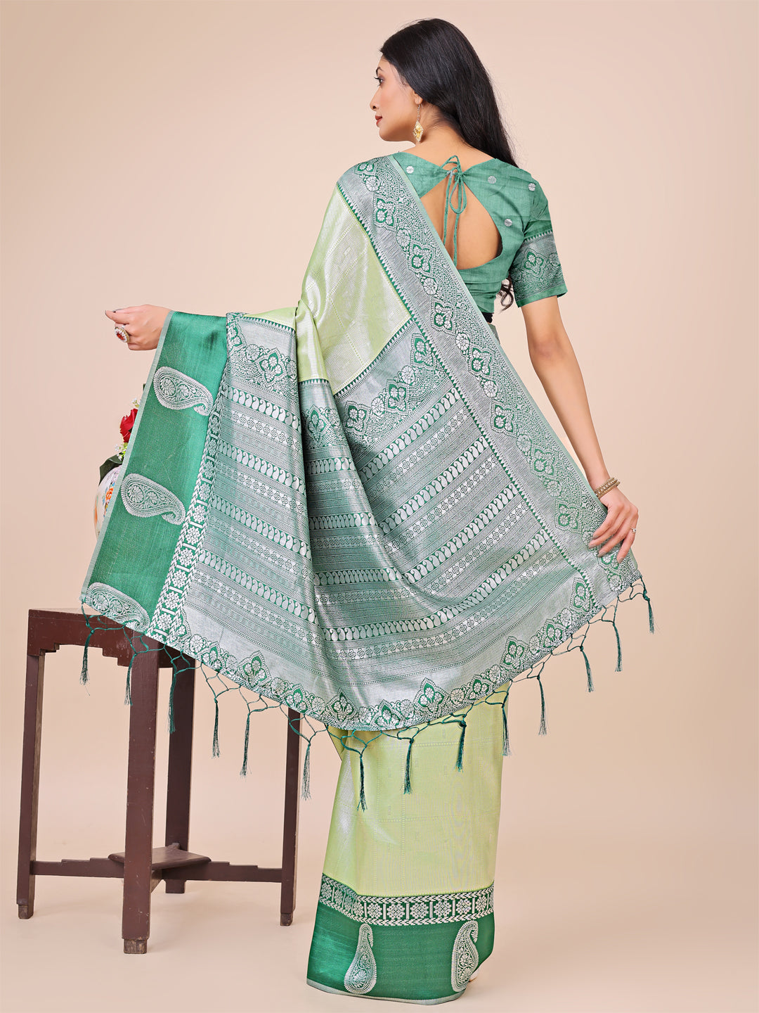 Shree Shyam Fashion Graceful Light & Dark Light Green Silk Saree with Rich Woven Border & Paisley Pallu - Perfect for Festive & Wedding Wear
