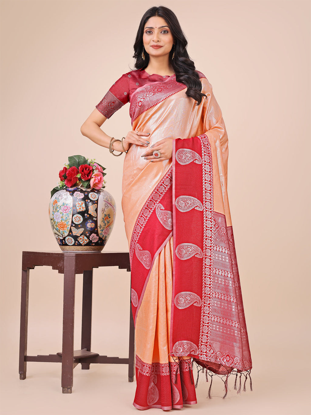 Shree Shyam Fashion Graceful Light & Dark Peach Silk Saree with Rich Woven Border & Paisley Pallu - Perfect for Festive & Wedding Wear