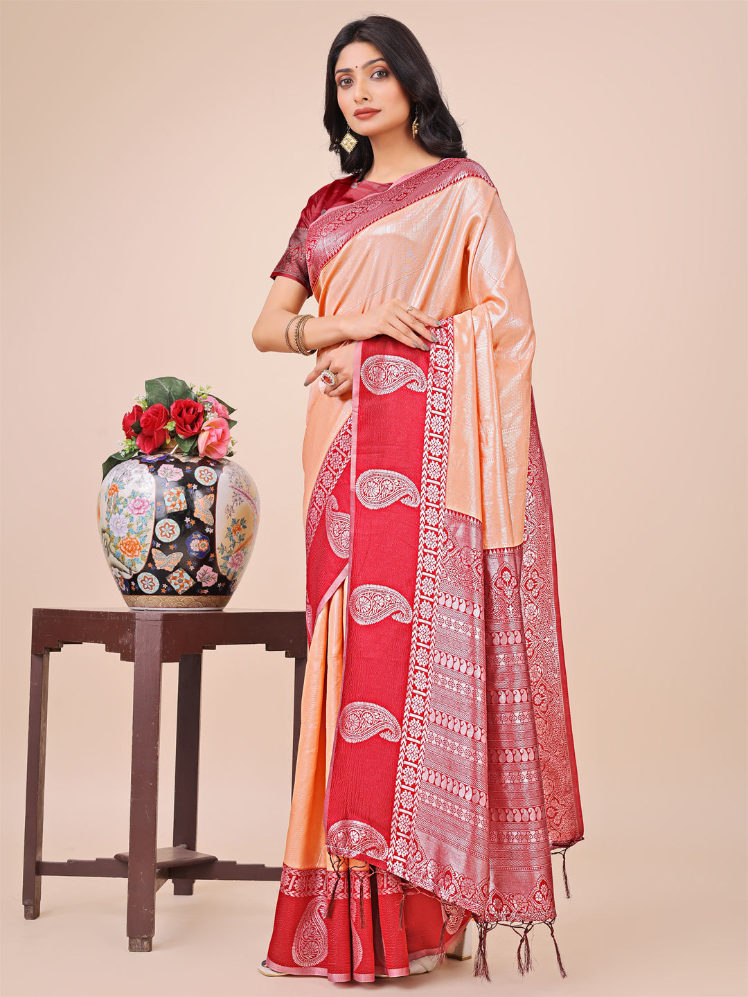 Shree Shyam Fashion Graceful Light & Dark Peach Silk Saree with Rich Woven Border & Paisley Pallu - Perfect for Festive & Wedding Wear