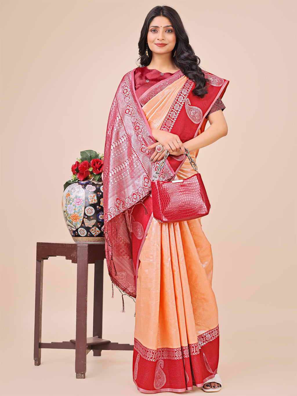 Shree Shyam Fashion Graceful Light & Dark Peach Silk Saree with Rich Woven Border & Paisley Pallu - Perfect for Festive & Wedding Wear