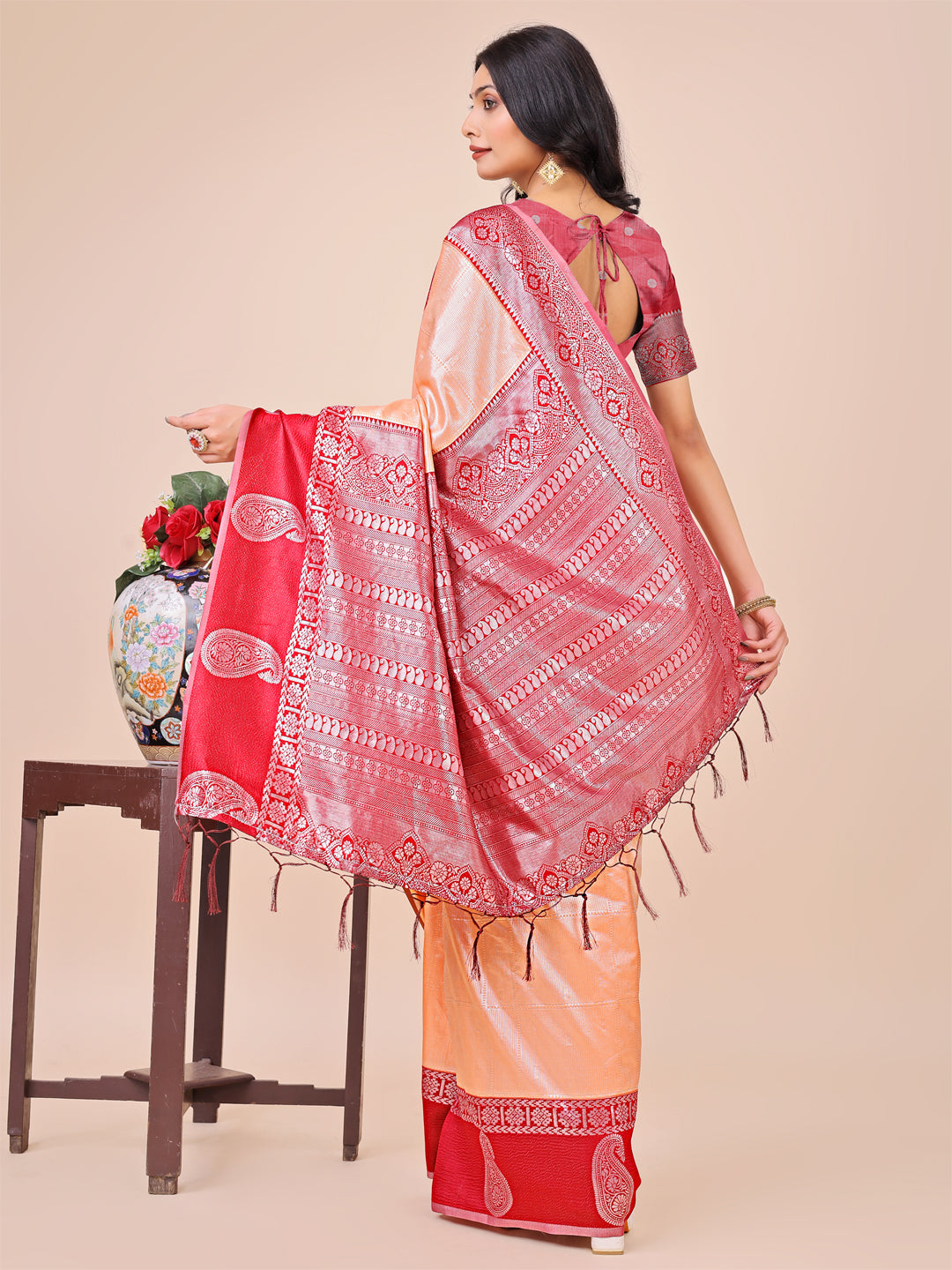 Shree Shyam Fashion Graceful Light & Dark Peach Silk Saree with Rich Woven Border & Paisley Pallu - Perfect for Festive & Wedding Wear