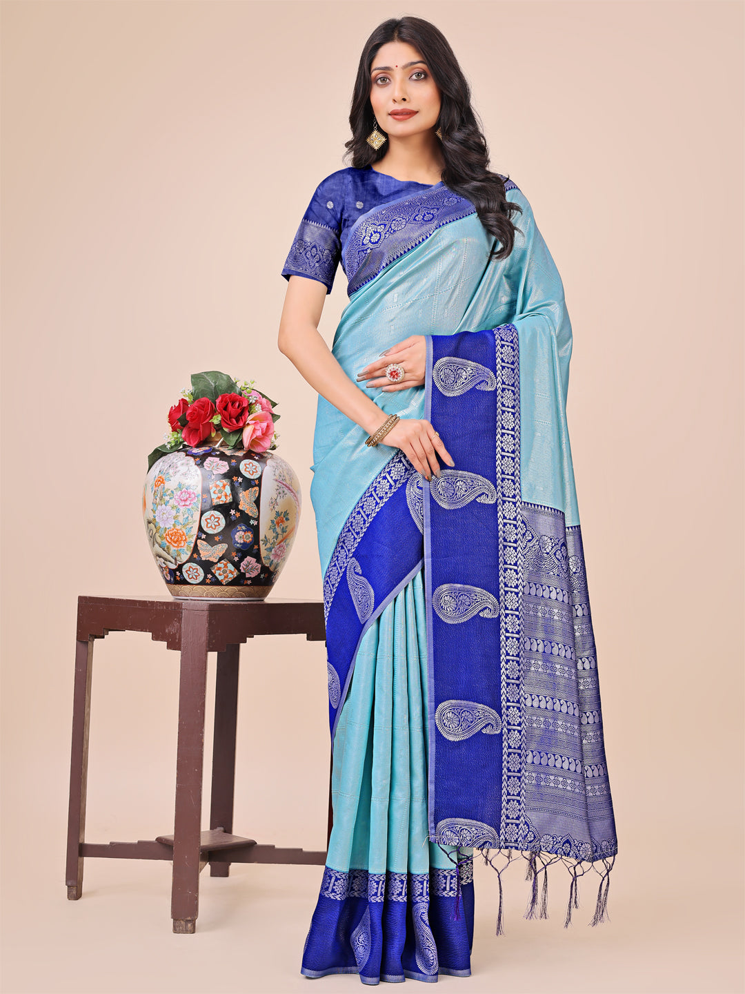 Shree Shyam Fashion Graceful Light & Dark Teal Silk Saree with Rich Woven Border & Paisley Pallu - Perfect for Festive & Wedding Wear