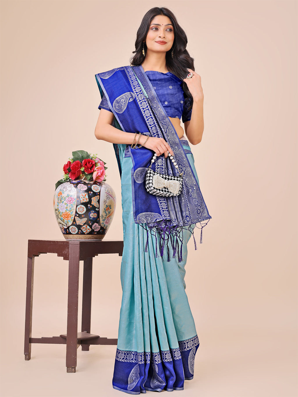 Shree Shyam Fashion Graceful Light & Dark Teal Silk Saree with Rich Woven Border & Paisley Pallu - Perfect for Festive & Wedding Wear