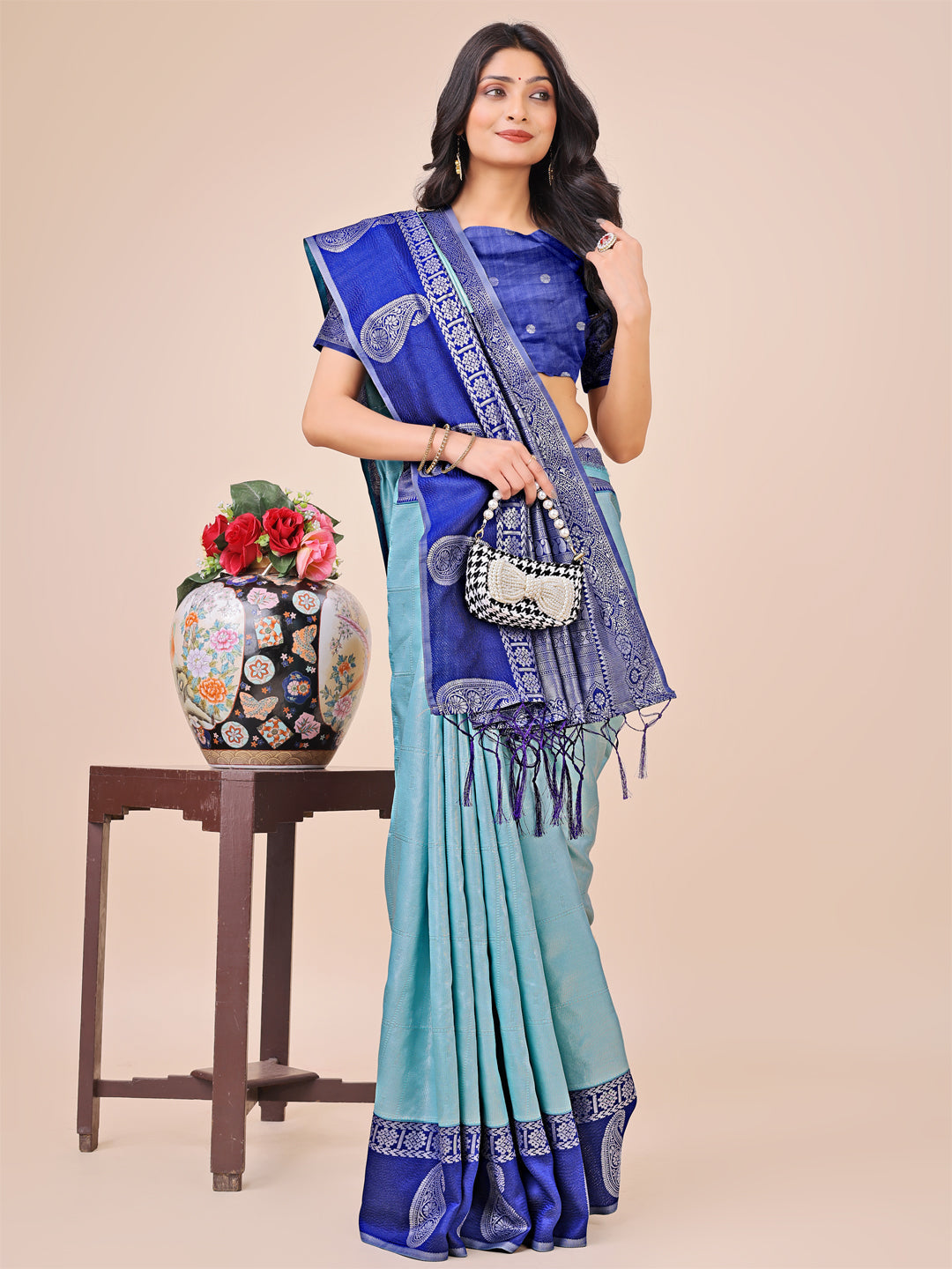 Shree Shyam Fashion Graceful Light & Dark Teal Silk Saree with Rich Woven Border & Paisley Pallu - Perfect for Festive & Wedding Wear