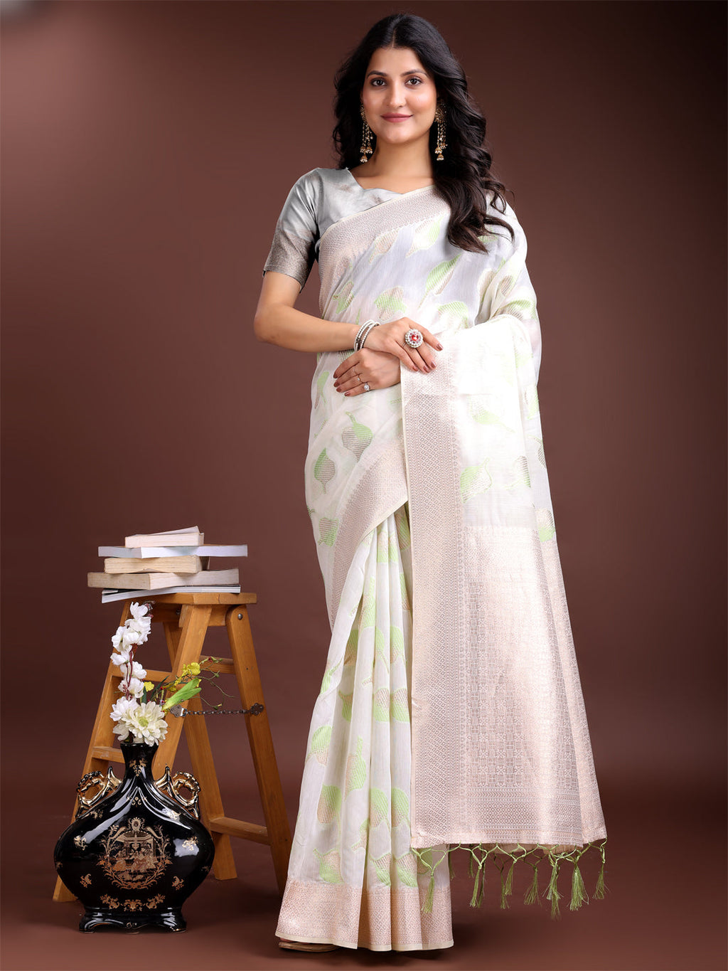 Shree Shyam Fashion White & Light Green Cotton Woven Zari Work Traditional Tassel Saree