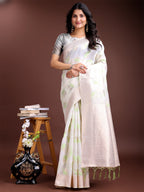 Shree Shyam Fashion White & Light Green Cotton Woven Zari Work Traditional Tassel Saree