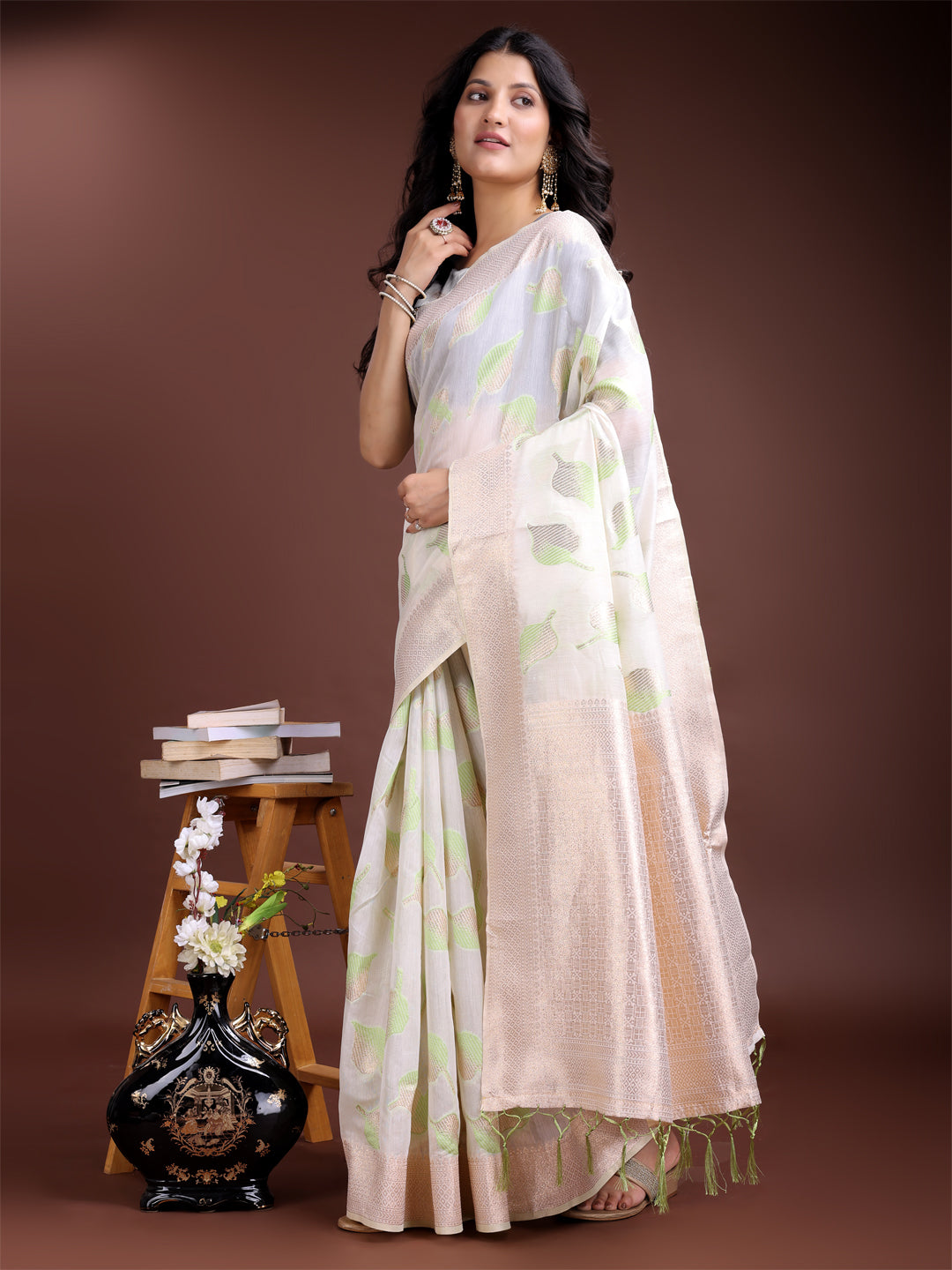 Shree Shyam Fashion White & Light Green Cotton Woven Zari Work Traditional Tassel Saree