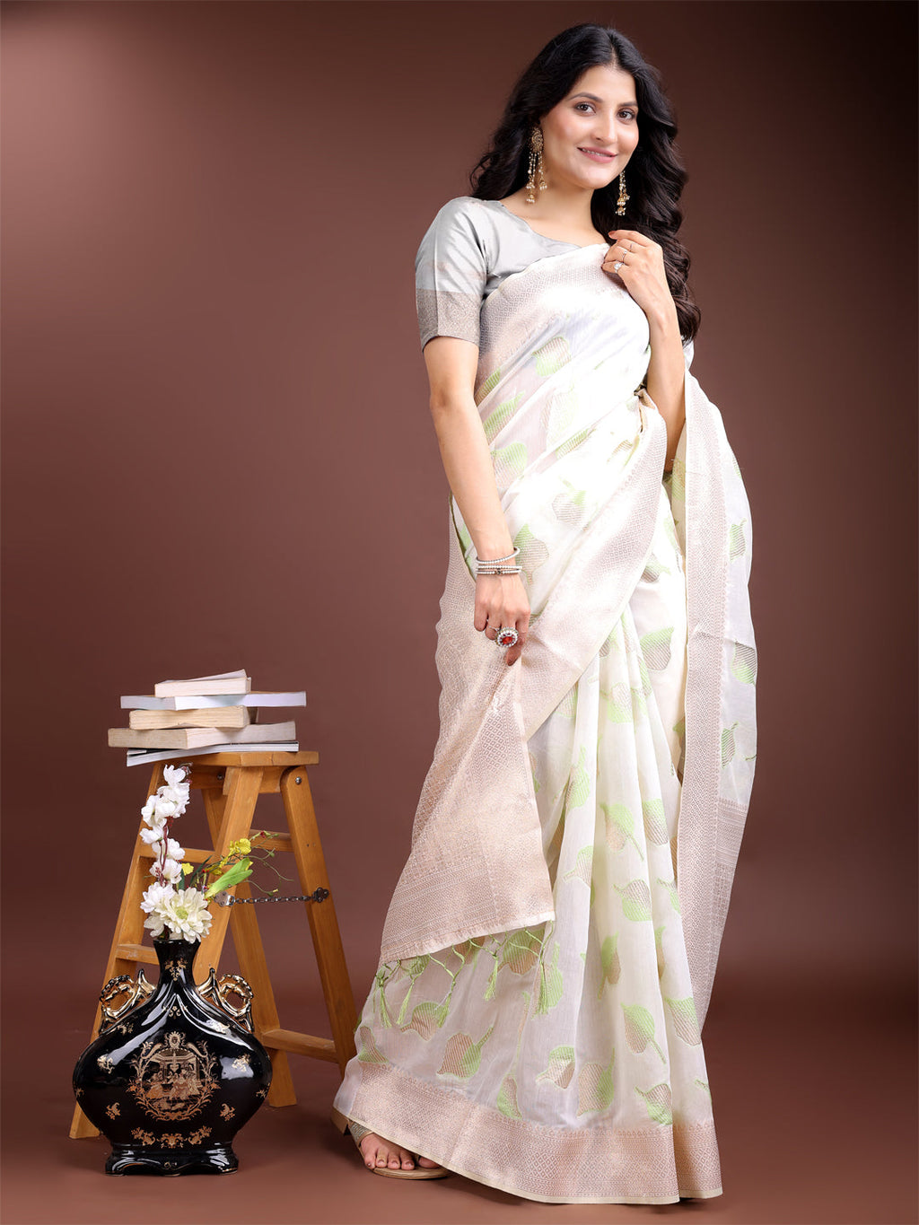 Shree Shyam Fashion White & Light Green Cotton Woven Zari Work Traditional Tassel Saree