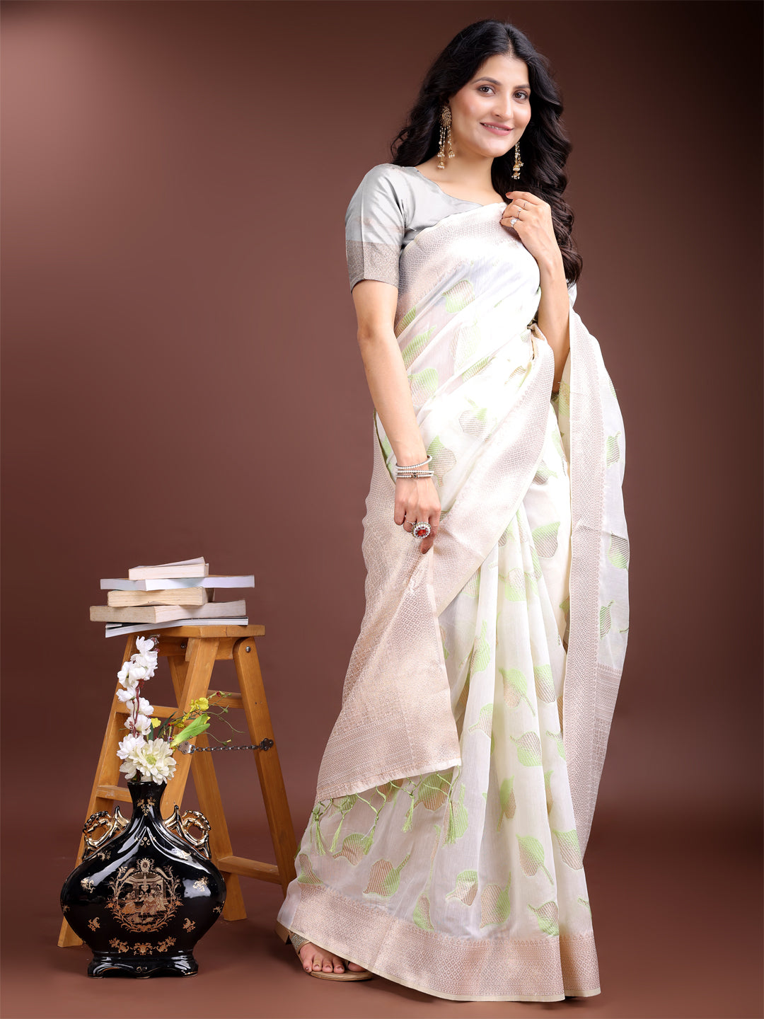 Shree Shyam Fashion White & Light Green Cotton Woven Zari Work Traditional Tassel Saree