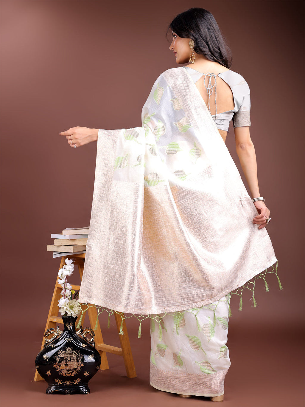 Shree Shyam Fashion White & Light Green Cotton Woven Zari Work Traditional Tassel Saree