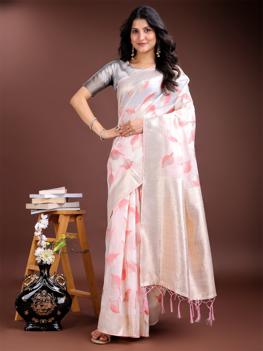 Shree Shyam Fashion White & Pink Cotton Woven Zari Work Traditional Tassel Saree