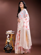 Shree Shyam Fashion White & Pink Cotton Woven Zari Work Traditional Tassel Saree