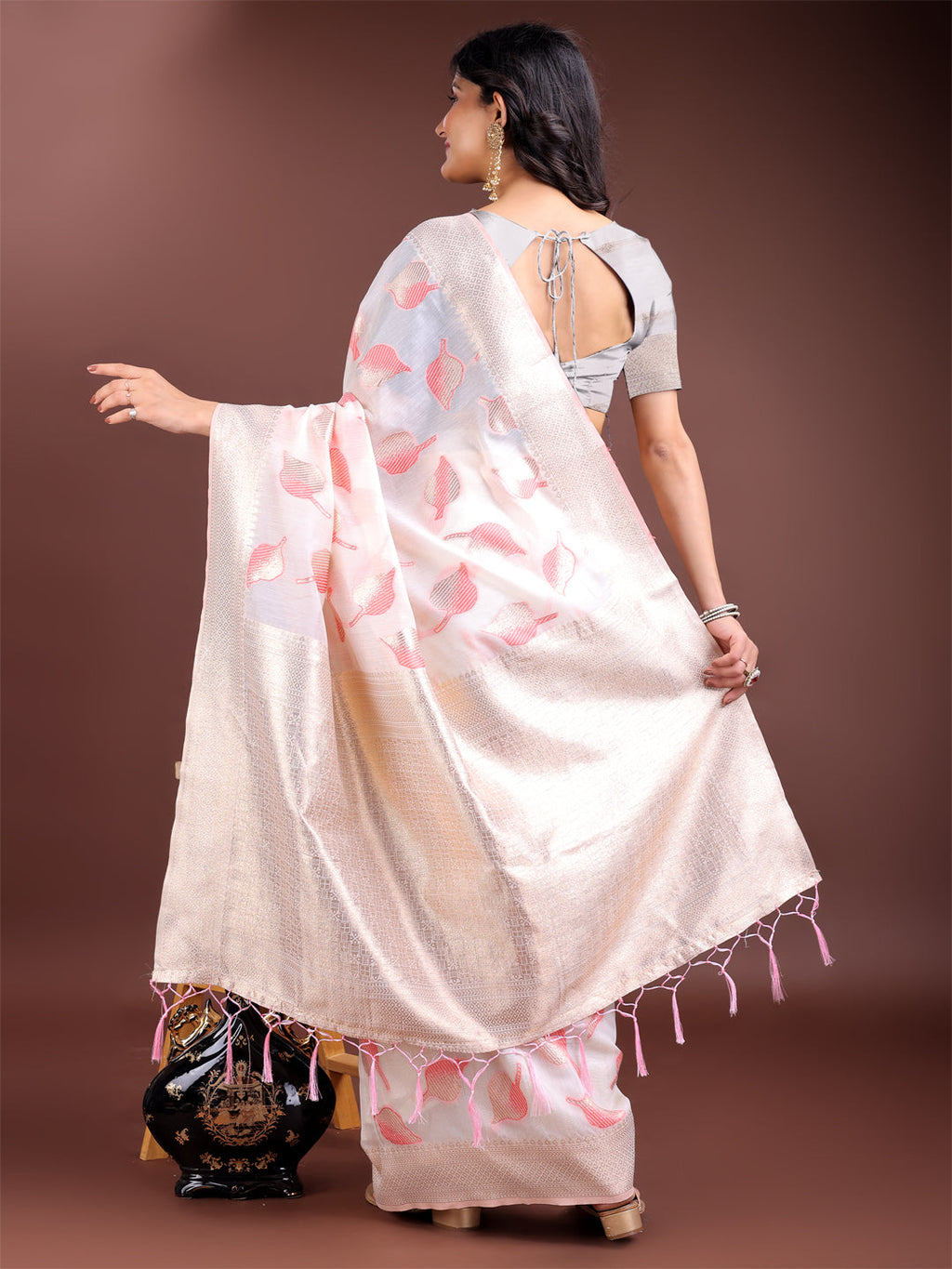 Shree Shyam Fashion White & Pink Cotton Woven Zari Work Traditional Tassel Saree