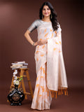 Shree Shyam Fashion White & Orange Cotton Woven Zari Work Traditional Tassel Saree