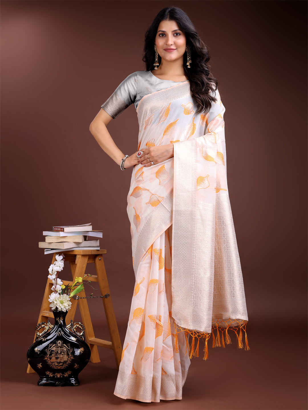 Shree Shyam Fashion White & Orange Cotton Woven Zari Work Traditional Tassel Saree