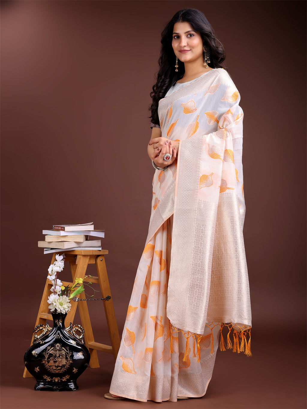 Shree Shyam Fashion White & Orange Cotton Woven Zari Work Traditional Tassel Saree