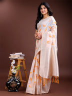 Shree Shyam Fashion White & Orange Cotton Woven Zari Work Traditional Tassel Saree