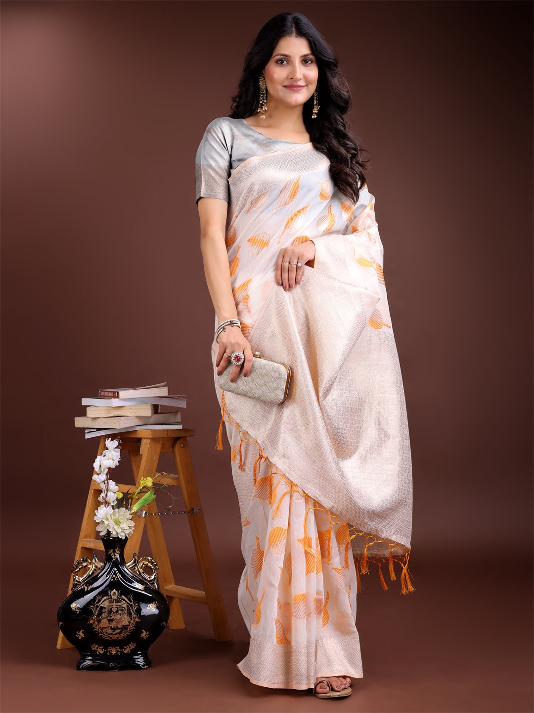Shree Shyam Fashion White & Orange Cotton Woven Zari Work Traditional Tassel Saree