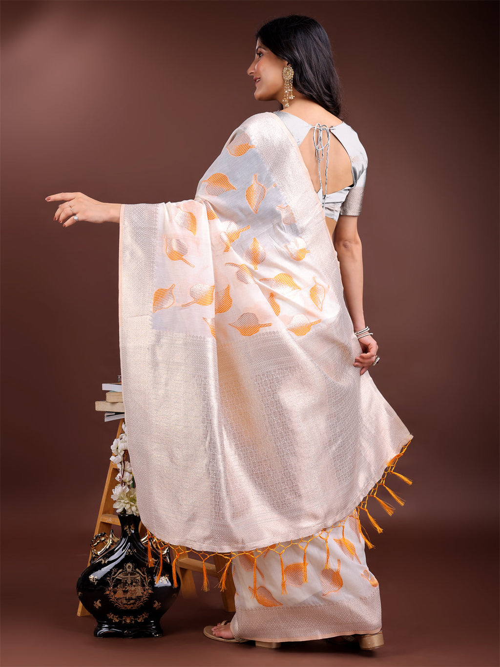 Shree Shyam Fashion White & Orange Cotton Woven Zari Work Traditional Tassel Saree