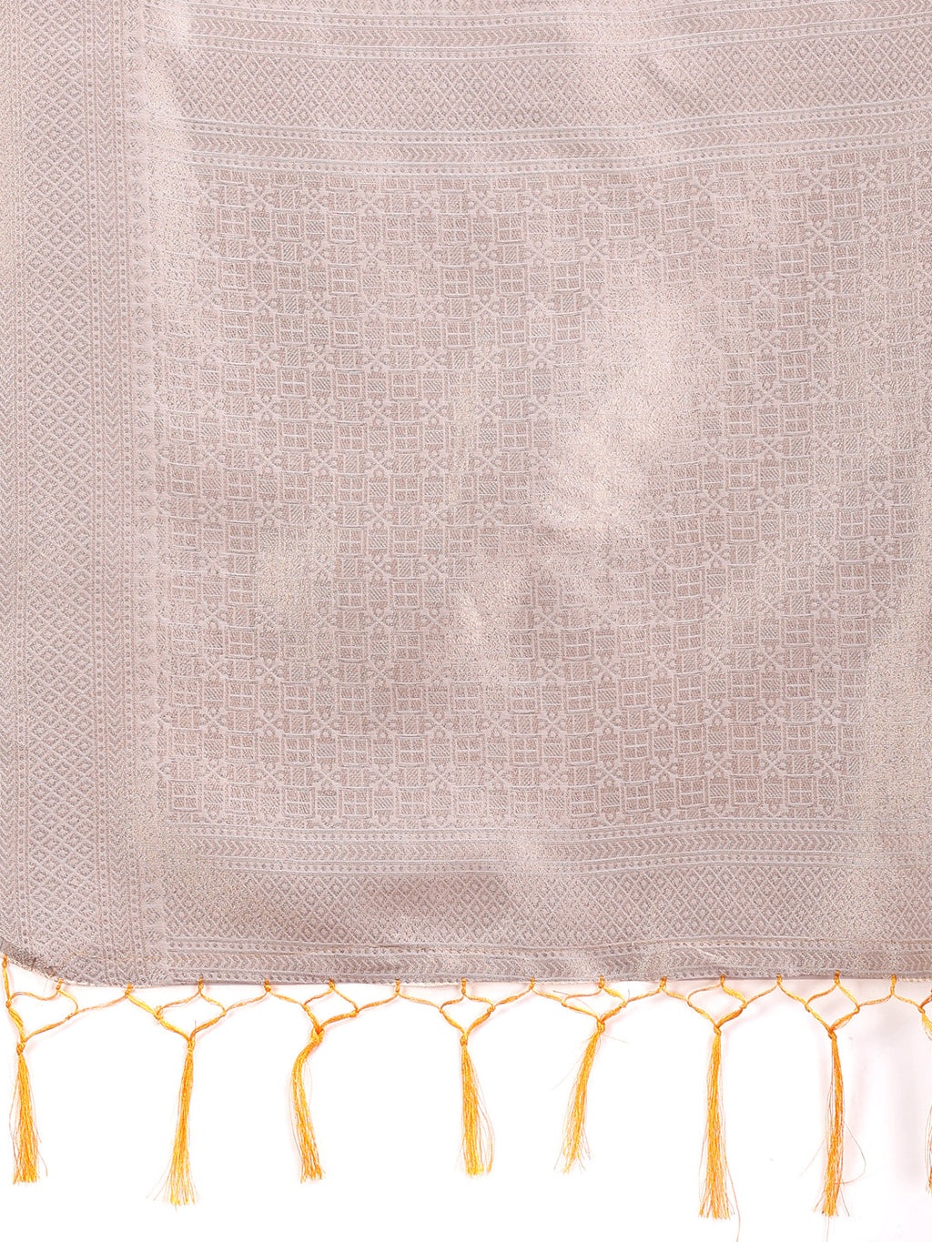 Shree Shyam Fashion White & Orange Cotton Woven Zari Work Traditional Tassel Saree
