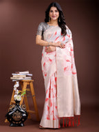 Shree Shyam Fashion White & Red Cotton Woven Zari Work Traditional Tassel Saree