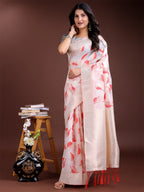 Shree Shyam Fashion White & Red Cotton Woven Zari Work Traditional Tassel Saree