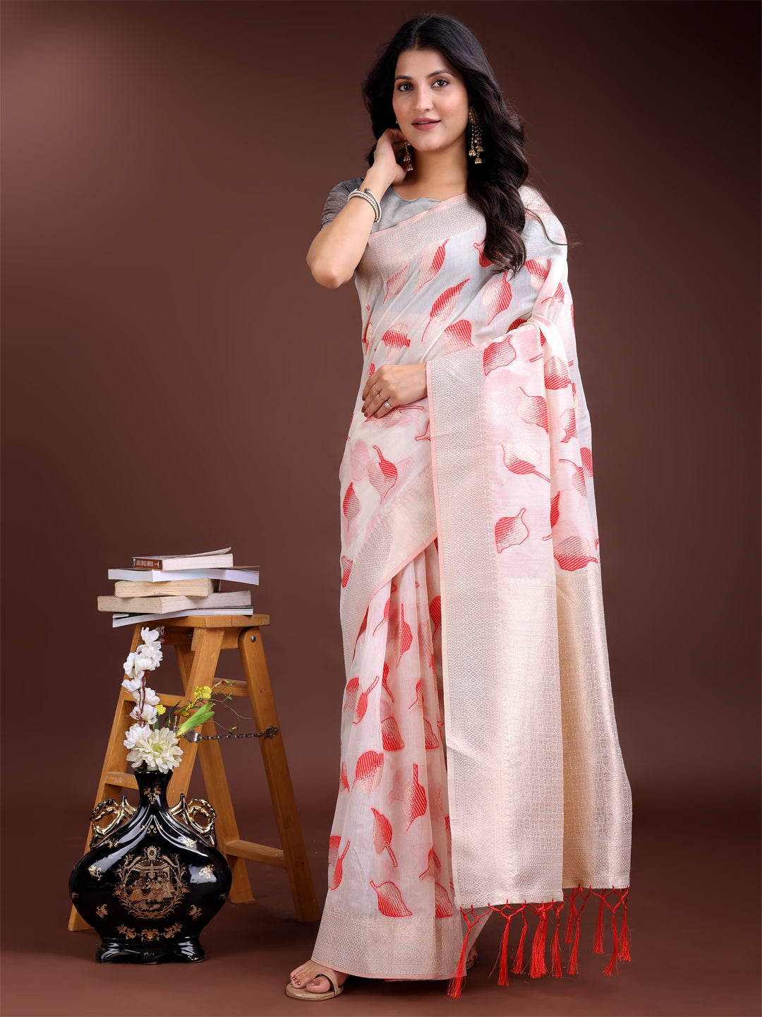 Shree Shyam Fashion White & Red Cotton Woven Zari Work Traditional Tassel Saree