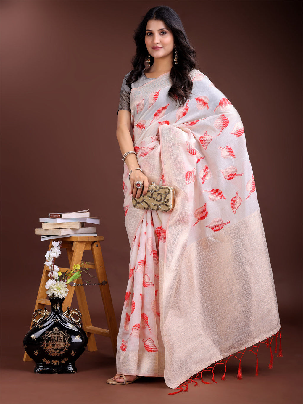 Shree Shyam Fashion White & Red Cotton Woven Zari Work Traditional Tassel Saree
