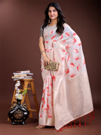 Shree Shyam Fashion White & Red Cotton Woven Zari Work Traditional Tassel Saree