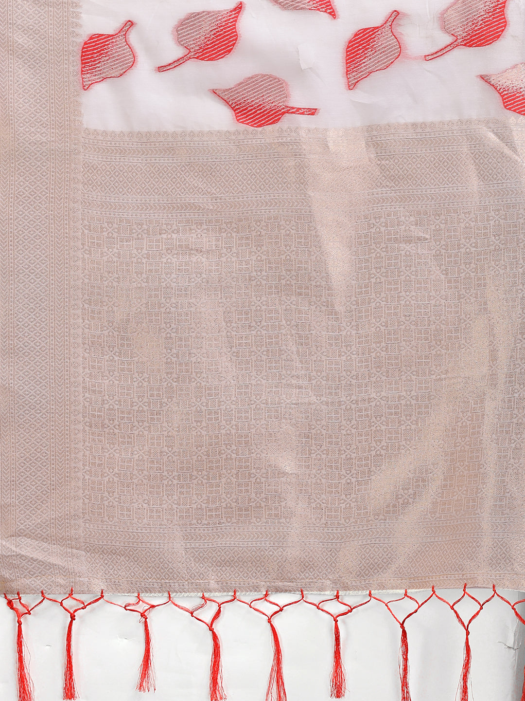 Shree Shyam Fashion White & Red Cotton Woven Zari Work Traditional Tassel Saree