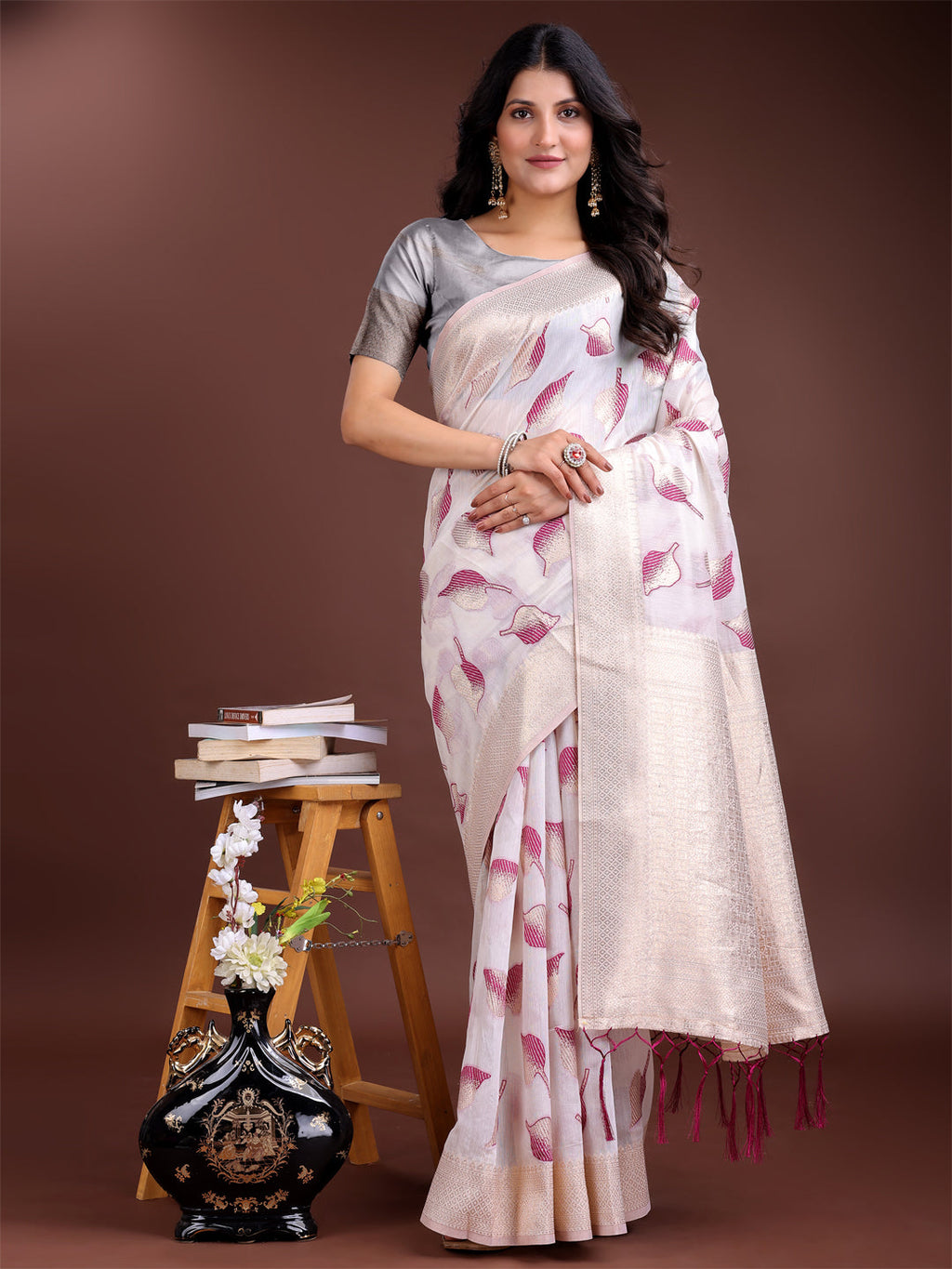 Shree Shyam Fashion White & Purple Cotton Woven Zari Work Traditional Tassel Saree