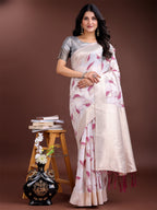 Shree Shyam Fashion White & Purple Cotton Woven Zari Work Traditional Tassel Saree