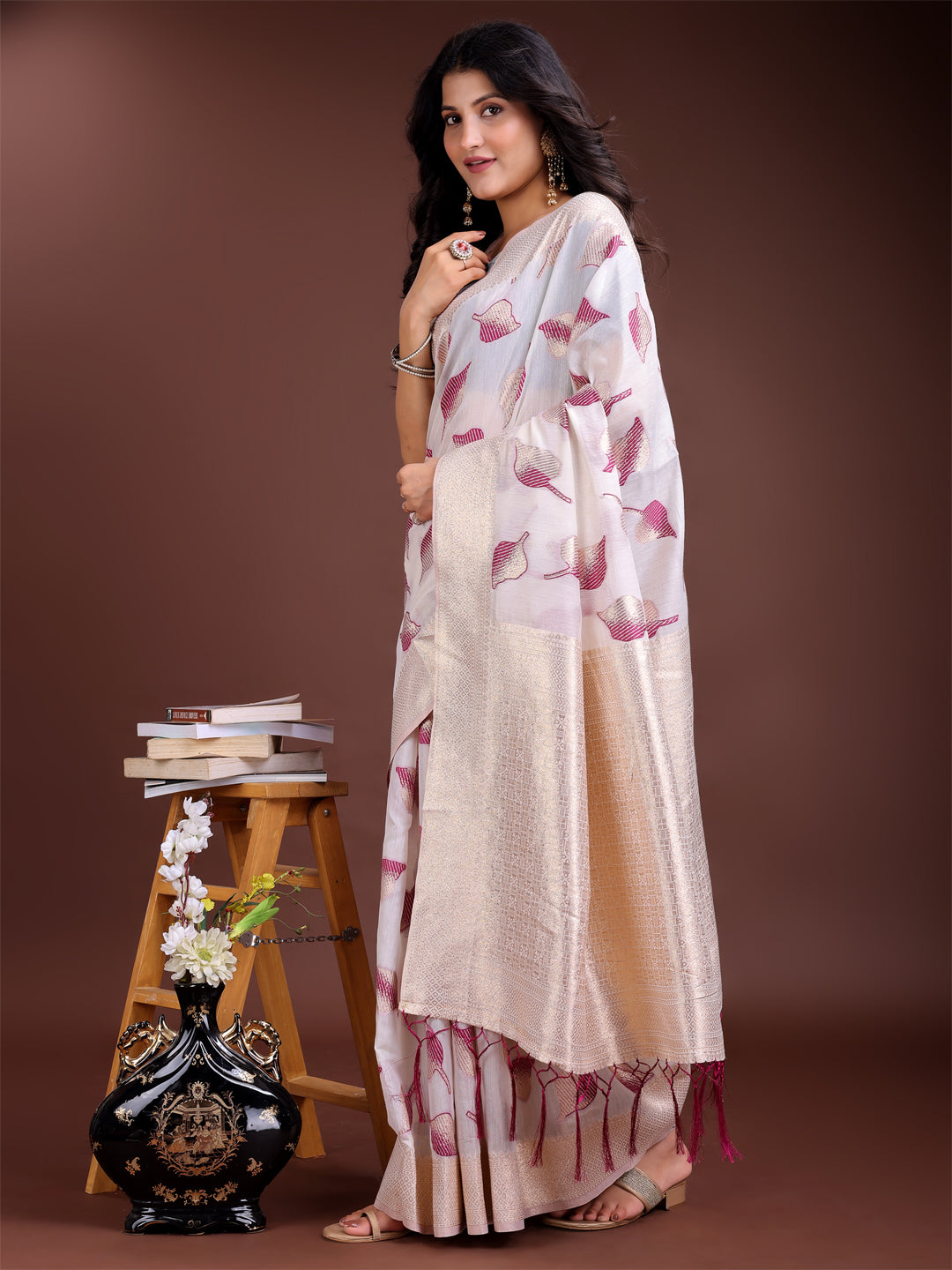 Shree Shyam Fashion White & Purple Cotton Woven Zari Work Traditional Tassel Saree