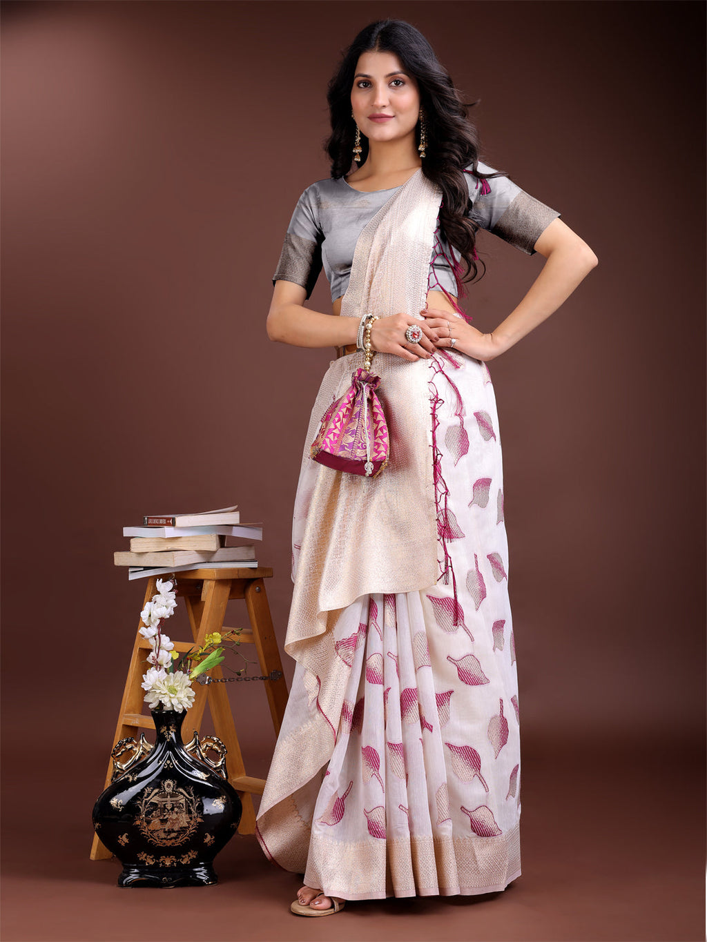 Shree Shyam Fashion White & Purple Cotton Woven Zari Work Traditional Tassel Saree