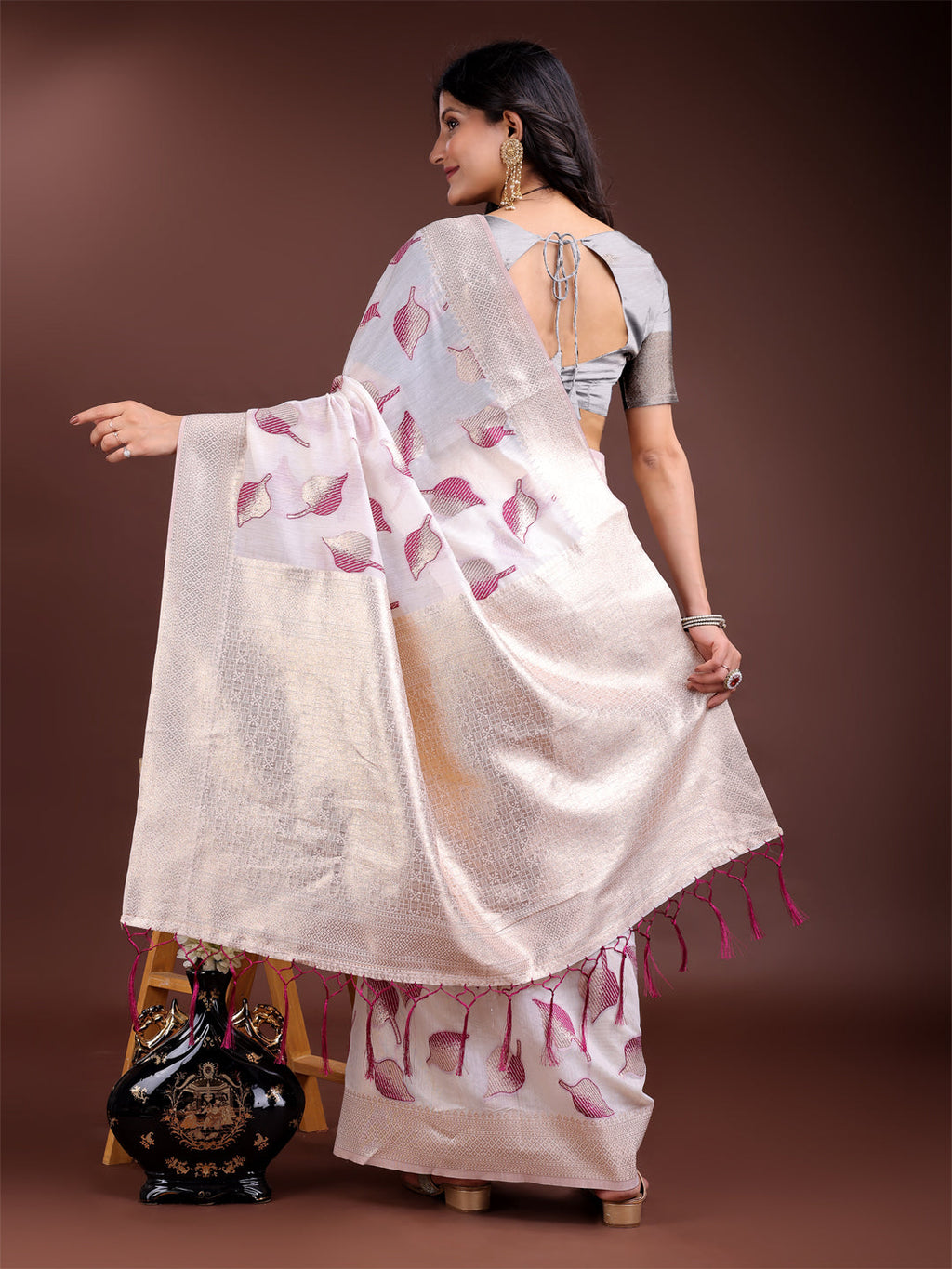 Shree Shyam Fashion White & Purple Cotton Woven Zari Work Traditional Tassel Saree