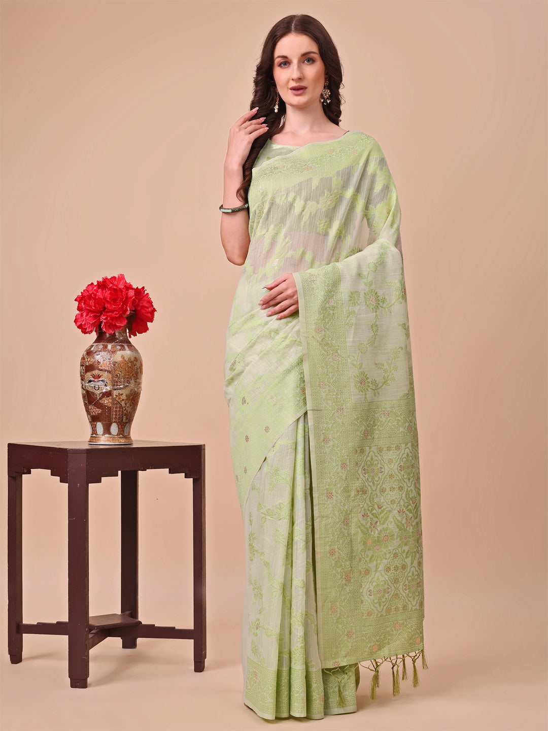 Shree Shyam Fashion Beige & Light Green Banarasi Cotton Saree with Floral Zari Work and Traditional Pallu - Elegant Ethnic Wear for Festivals & Ceremonies