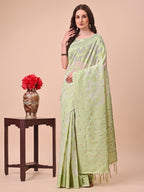 Shree Shyam Fashion Beige & Light Green Banarasi Cotton Saree with Floral Zari Work and Traditional Pallu - Elegant Ethnic Wear for Festivals & Ceremonies