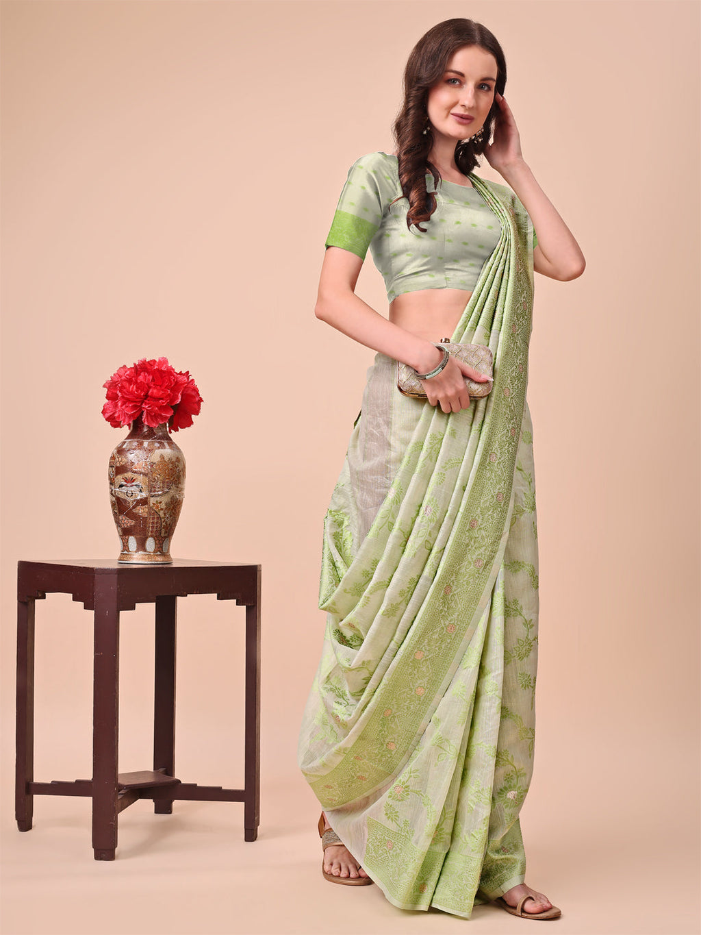 Shree Shyam Fashion Beige & Light Green Banarasi Cotton Saree with Floral Zari Work and Traditional Pallu - Elegant Ethnic Wear for Festivals & Ceremonies