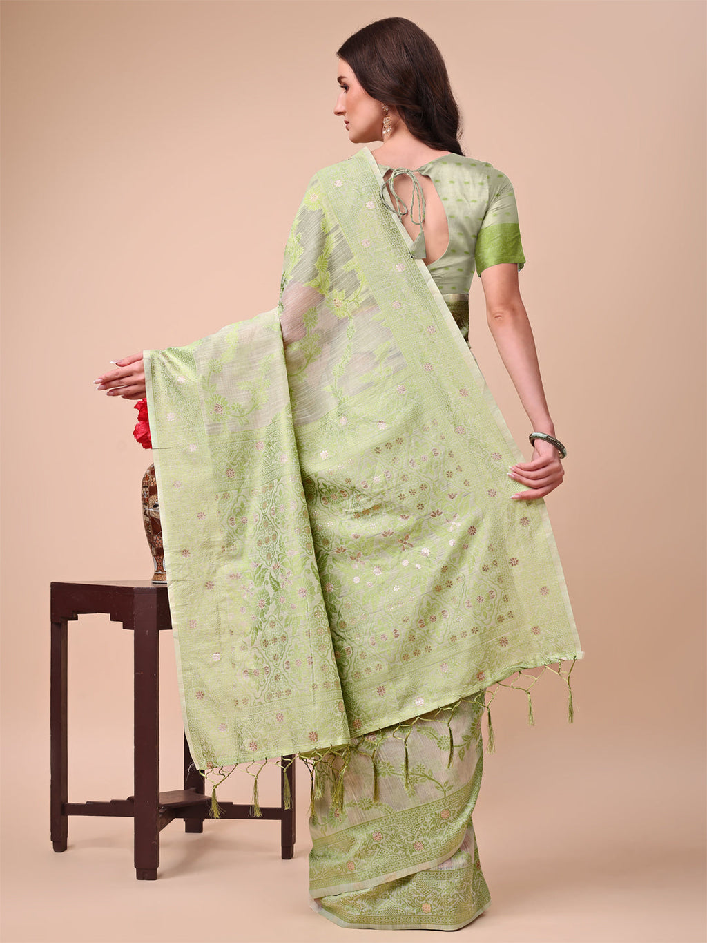 Shree Shyam Fashion Beige & Light Green Banarasi Cotton Saree with Floral Zari Work and Traditional Pallu - Elegant Ethnic Wear for Festivals & Ceremonies