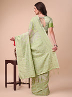 Shree Shyam Fashion Beige & Light Green Banarasi Cotton Saree with Floral Zari Work and Traditional Pallu - Elegant Ethnic Wear for Festivals & Ceremonies