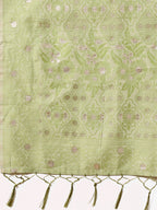 Shree Shyam Fashion Beige & Light Green Banarasi Cotton Saree with Floral Zari Work and Traditional Pallu - Elegant Ethnic Wear for Festivals & Ceremonies
