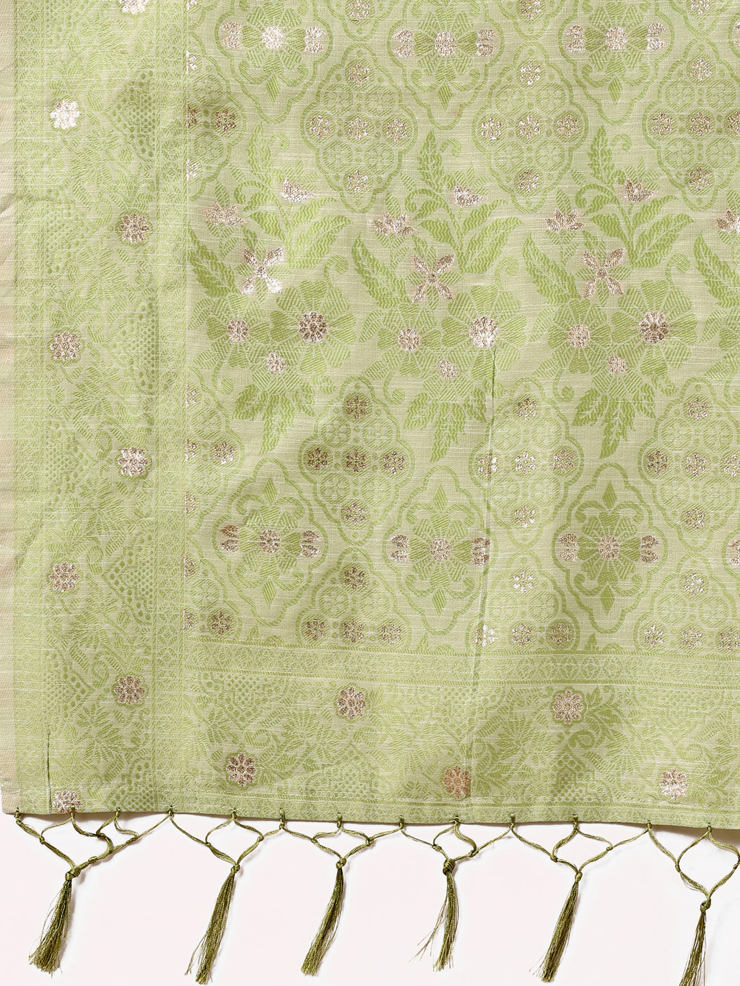 Shree Shyam Fashion Beige & Light Green Banarasi Cotton Saree with Floral Zari Work and Traditional Pallu - Elegant Ethnic Wear for Festivals & Ceremonies