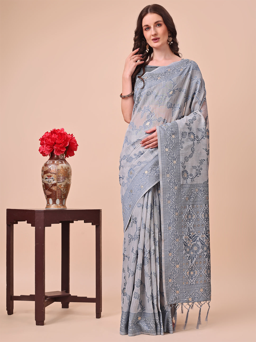 Shree Shyam Fashion Beige & Grey Banarasi Cotton Saree with Floral Zari Work and Traditional Pallu - Elegant Ethnic Wear for Festivals & Ceremonies
