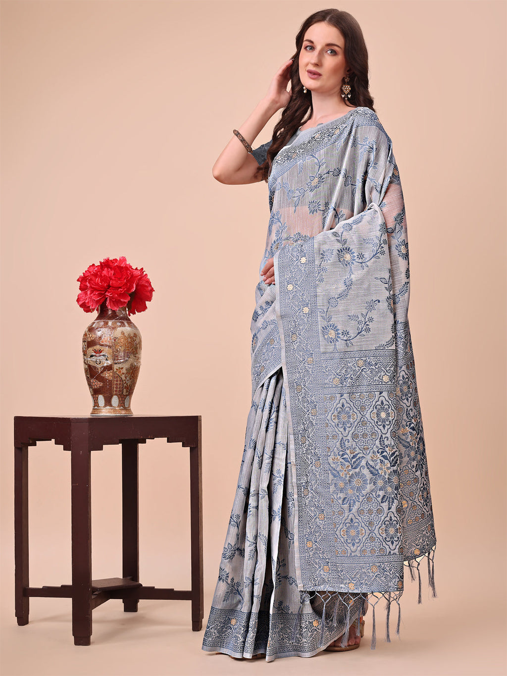 Shree Shyam Fashion Beige & Grey Banarasi Cotton Saree with Floral Zari Work and Traditional Pallu - Elegant Ethnic Wear for Festivals & Ceremonies