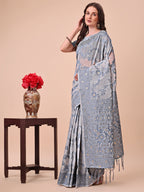 Shree Shyam Fashion Beige & Grey Banarasi Cotton Saree with Floral Zari Work and Traditional Pallu - Elegant Ethnic Wear for Festivals & Ceremonies