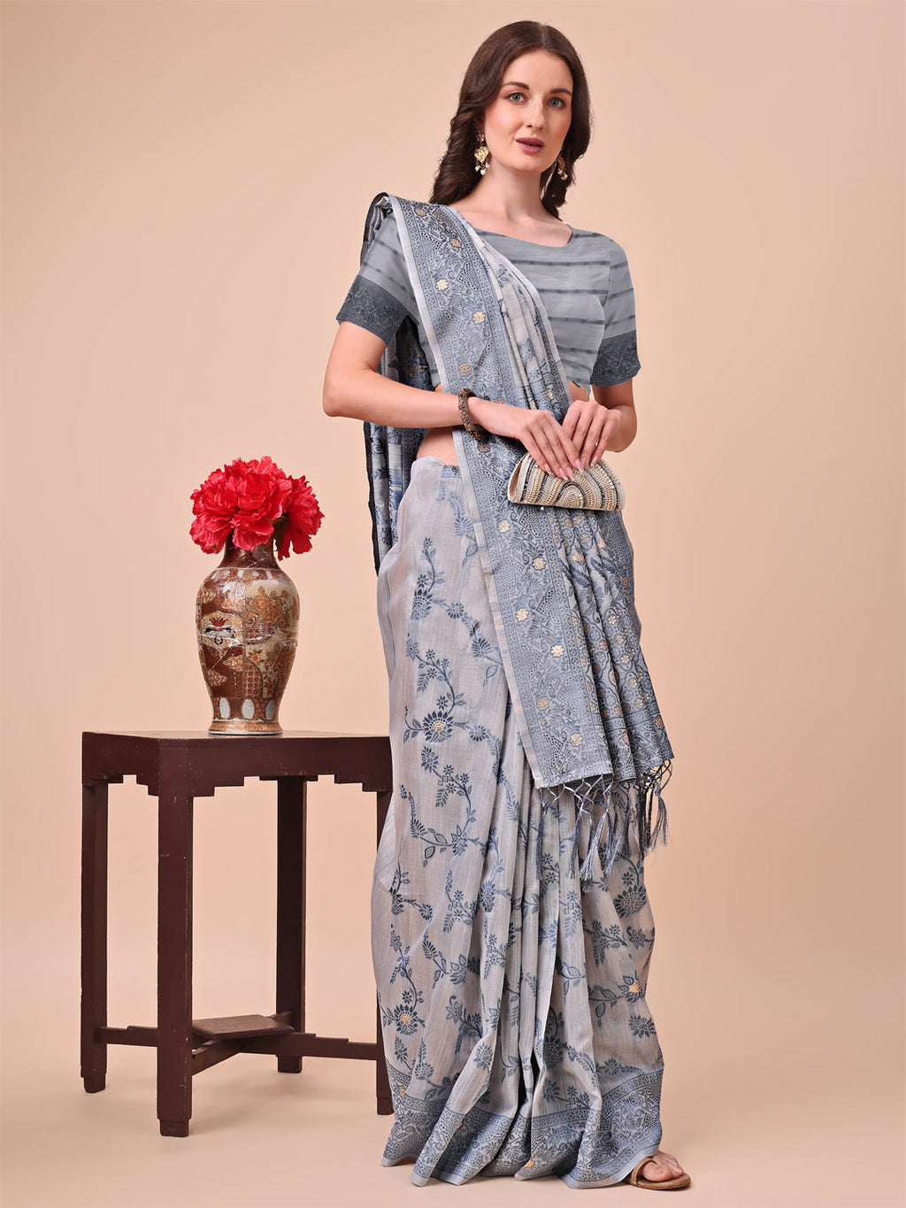 Shree Shyam Fashion Beige & Grey Banarasi Cotton Saree with Floral Zari Work and Traditional Pallu - Elegant Ethnic Wear for Festivals & Ceremonies